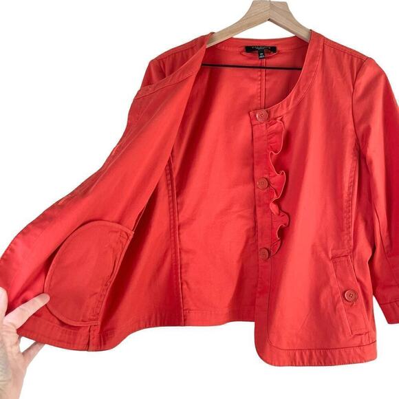 Talbots Ruffle Button‎ Front Collarless Blazer Jacket Cotton Coral Orange, 14P - Picture 7 of 9